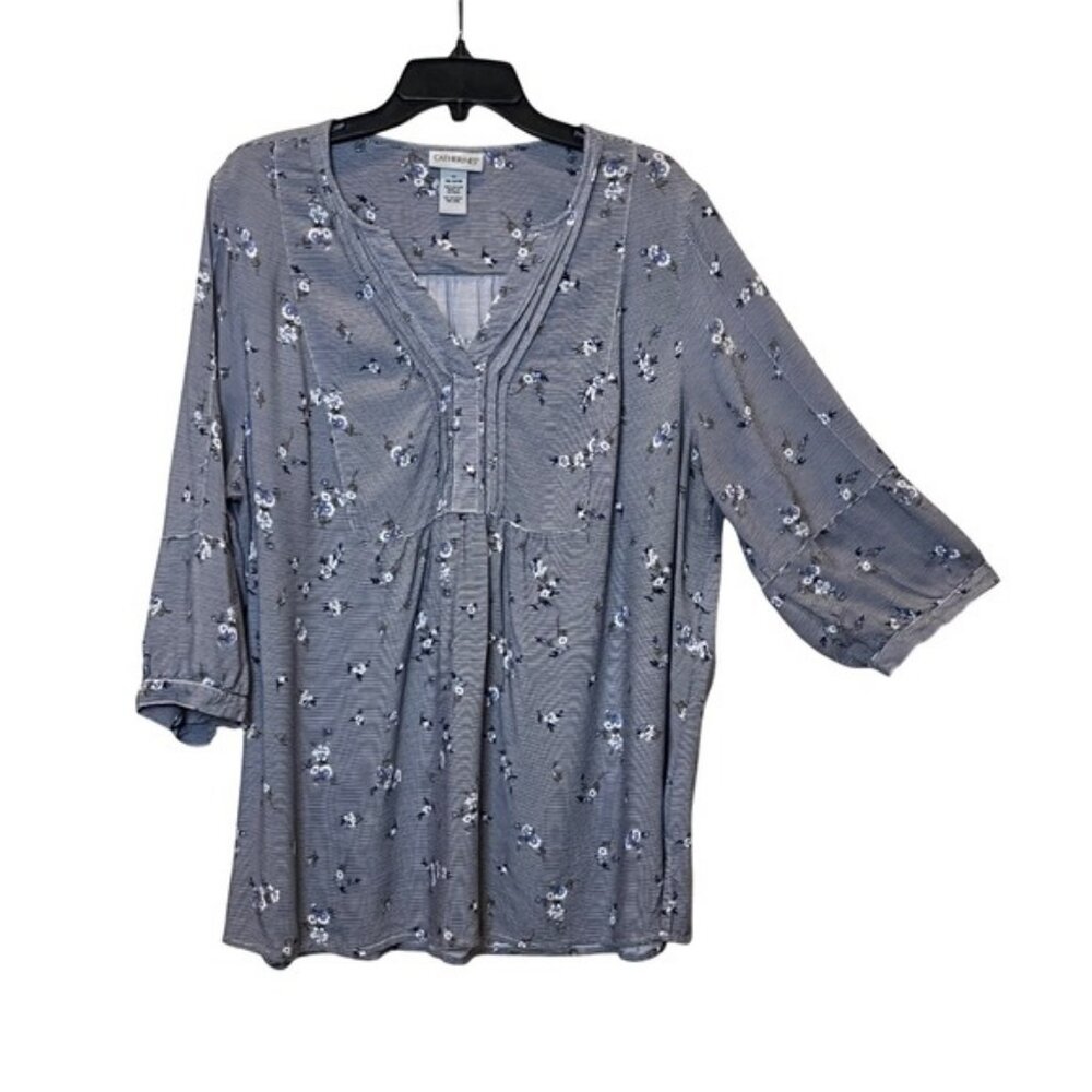 Catherines 1X Blue White Floral Striped 3/4 Sleeve V Neck Tunic Top Boho Peasant